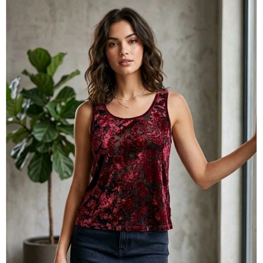 90s Y2K Secret Treasures Floral Burnout Velvet Tank Top L Whimsigoth Wine Red